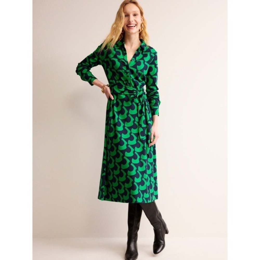 Boden Laura Jersey Wrap Dress 8P Green Navy Geometric Print Tie Waist Mod